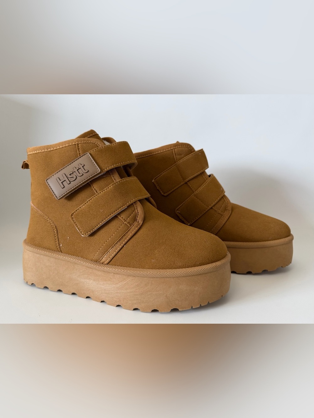 Tan Platform Velcro Boots